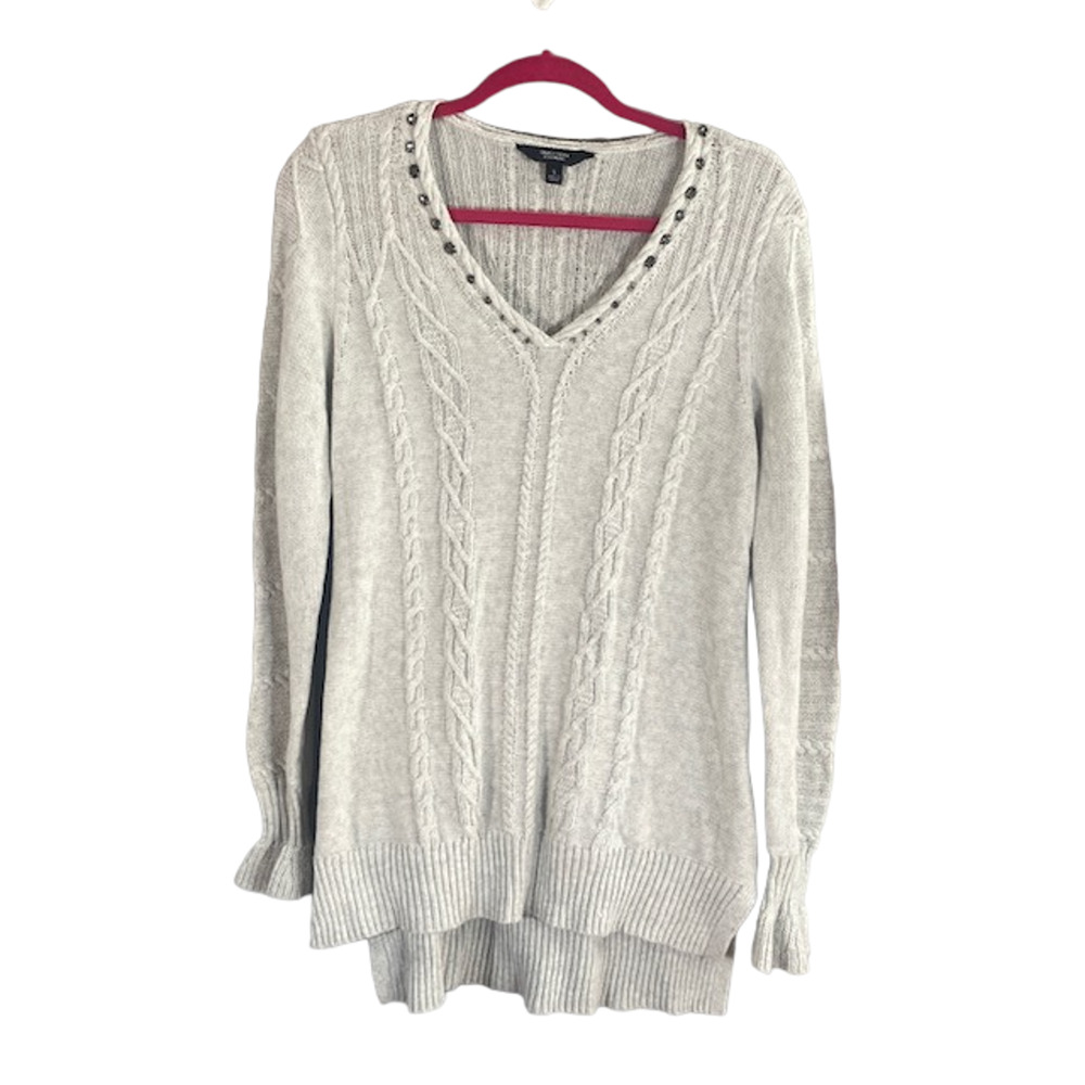 Simply Vera Vera Wang Gray V-Neck Cable Knit Jeweled Sweater Women Sz S